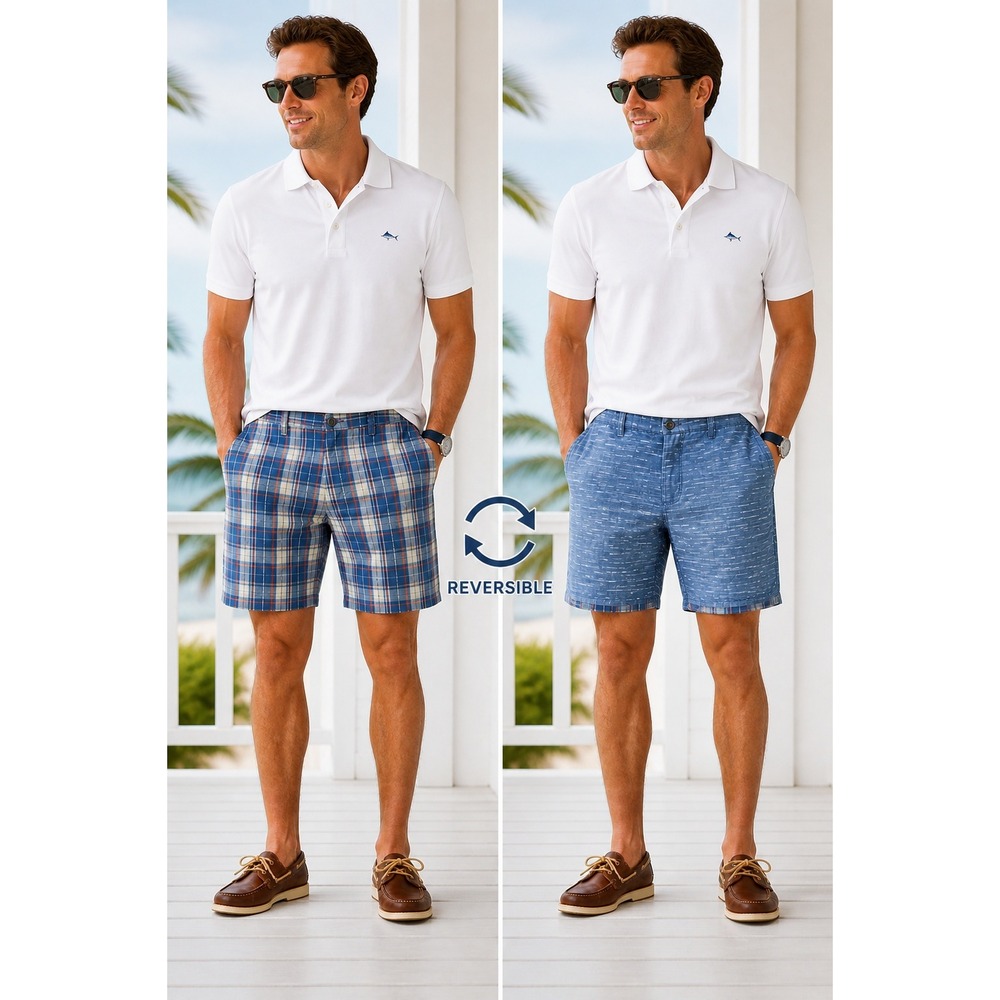 Tommy Bahama Reversible Linen Shorts Men Size 38 Blue Plaid Coastal Beach Preppy